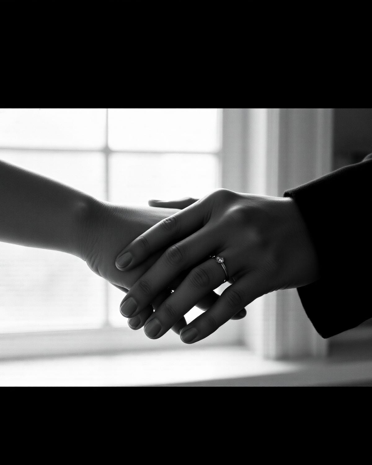 Hands holding, wedding ring